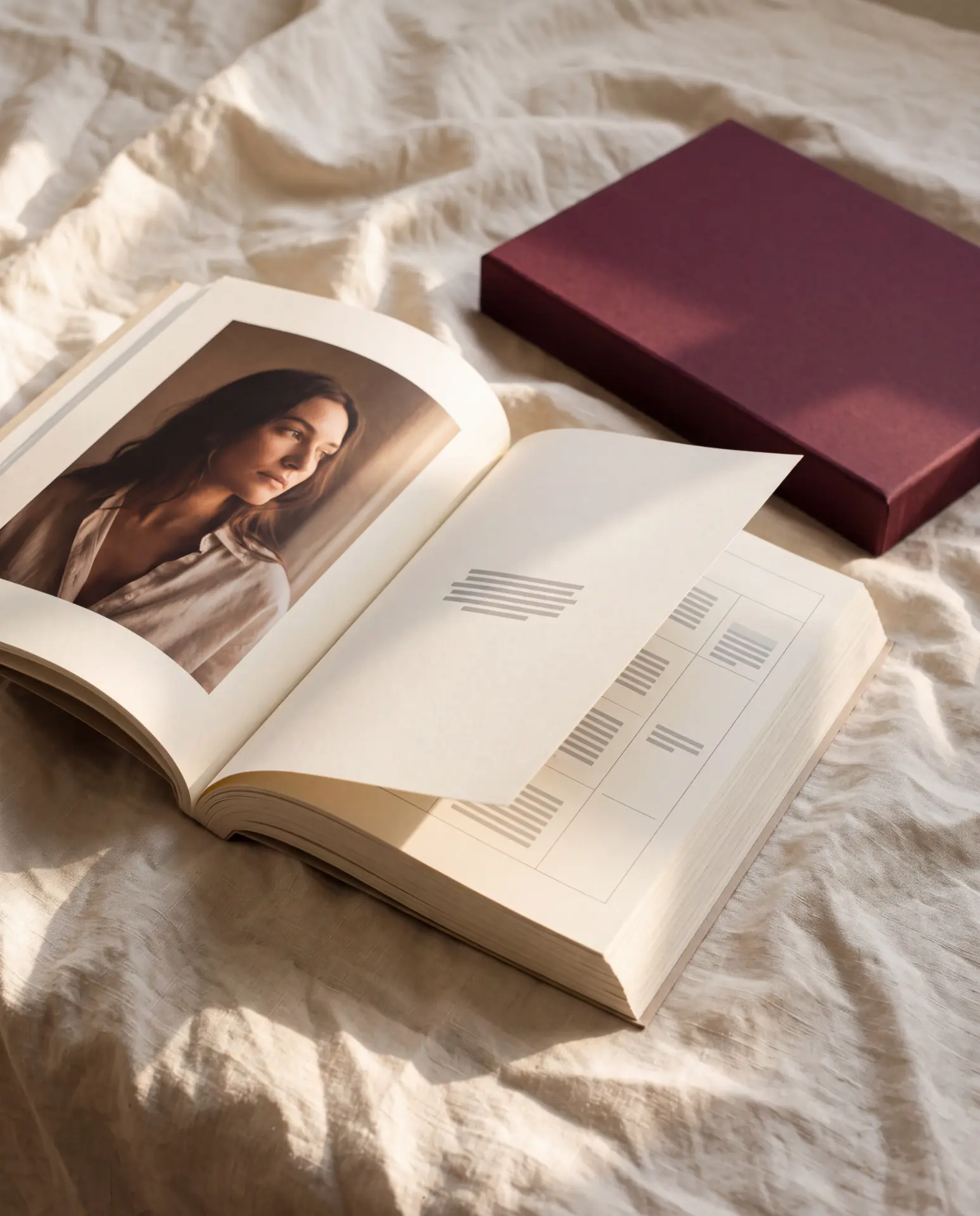 An open reading booklet with a portrait page, resting on linen beside its burgundy case